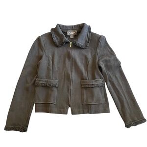 ST. JOHN CAVIAR‎ KNIT FULL ZIP WOMENS FRINGED BLAZER BLACK CLASSY SZ 6 POCKETS